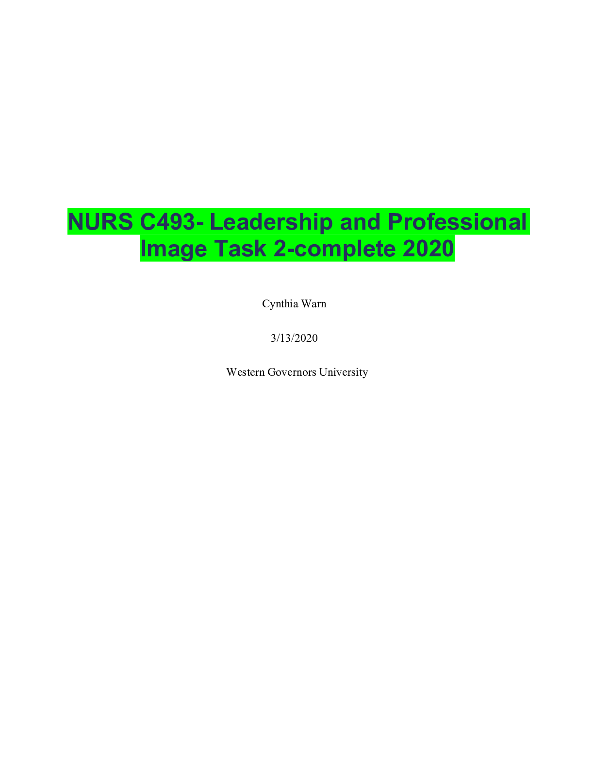 Preview of NURS C493- Leadership and Professional Image Task 2-complete 2020